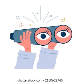 Binoculars in human hands. Business goal search concept. The eyes look ahead. Strategy Vision of the future.