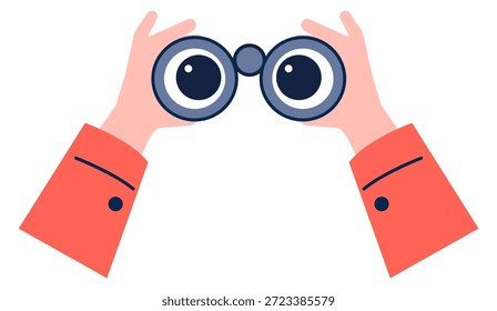 Binoculars in human hands. Far seeing color icon