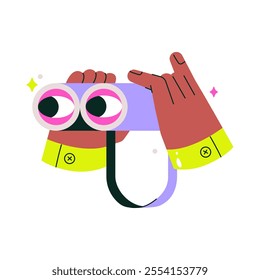 Binoculars With Human Hands In Flat Vector Illustration Symbolizing Observation, Exploration, And Focus, Isolated On White Background