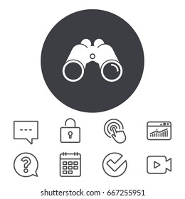 Binoculars icon. Find software sign. Spy equipment symbol. Calendar, Locker and Speech bubble line signs. Video camera, Statistics and Question icons. Vector