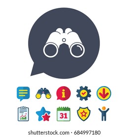Binoculars icon. Find software sign. Spy equipment symbol. Information, Report and Speech bubble signs. Binoculars, Service and Download, Stars icons. Vector