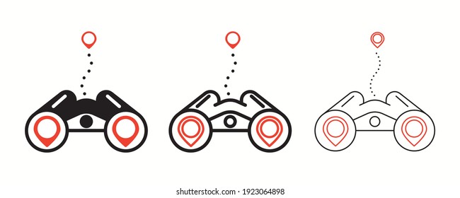 Juego de iconos de binoculares. El icono de la línea binocular está mirando a una ubicación, el mapa de orientación. Juego de binoculares coloridos. Stroke editable. Logo, web.