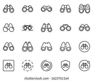 Binoculars icon set. Collection of thin line icons. 20 high quality outline logo on white background. Pack of symbols for design website, mobile app, printed material, etc.