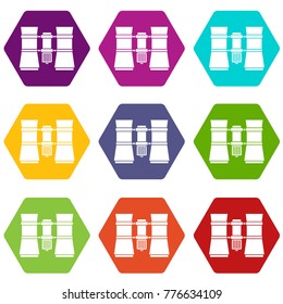 Binoculars icon set many color hexahedron isolated on white vector illustration