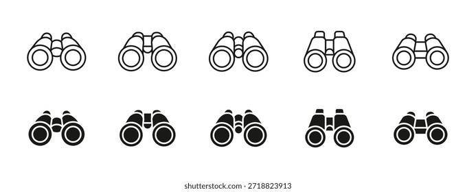 Conjunto de ícones binóculos. Símbolo do dispositivo ótico de observação. Coleção de ícones de visão e ampliação para pesquisa, vigilância, exploração, monitoramento ou visualização de conceitos.