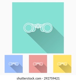 Binoculars - icon is white with long shadow, flat design. Vector illustration.
