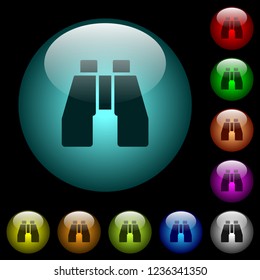 Binoculars icons in color illuminated spherical glass buttons on black background. Can be used to black or dark templates