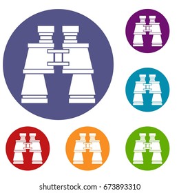 Binoculars icons set in flat circle reb, blue and green color for web