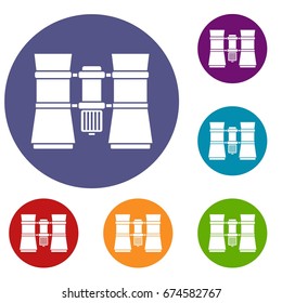 Binoculars icons set in flat circle reb, blue and green color for web