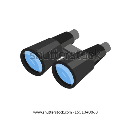 Binoculars isometric vector illustration. Optical equipment with magnifying lens isolated on white background. Explorers tool, tourist gadget. Surveillance and observation symbol sticker