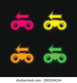 Binoculars With Left Arrow four color glowing neon vector icon