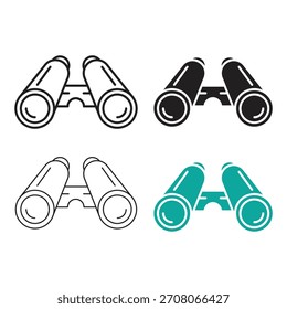 Conjunto de iconos de línea de binoculares: Vector de exploración y observación, iconos vectoriales de binoculares: conjunto de iconos de línea de aventura y Naturaleza.