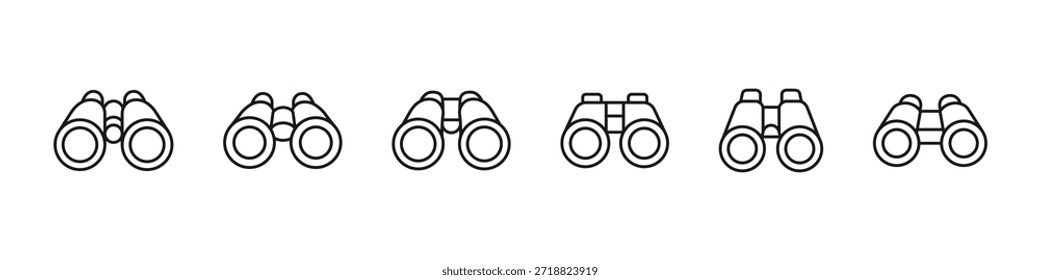 Binoculars line icon set. Optical observation device outline symbols. Vision and magnification linear icon collection for search, surveillance, exploration, monitoring or viewing concepts.