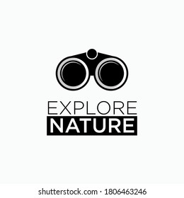 Binoculars Logo Above Explore Nature Text. Illustration of Outdoor Adventure Activist As Simple Vector Sign & Trendy Symbol for Design and Website, Presentation or Application.
