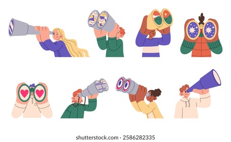 Binoculars look. Search icon. People looking in spyglasses. Heart-shape glasses. Characters see around. Hands holding eyeglasses. App love dating. Men or women with telescopes. Observation vector set