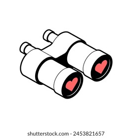 Binoculars with love. You see love through binoculars. Hearts in a telescope. valentine's day concept postcard