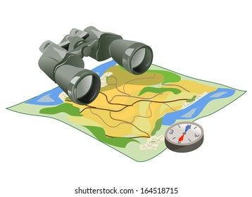 binoculars, map and compass on white background. vector illustration