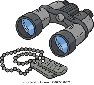 Binoculars and a Military Dog Tag Cartoon Clipart