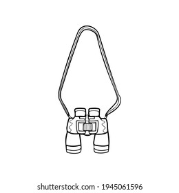 Binoculars with neck shoulder strap icon line art vector. Binocular chest harness outline. Zoom optical instrument black and white illustration.