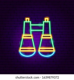 Binoculars Neon Sign. Vector Illustration of Camping Promotion.