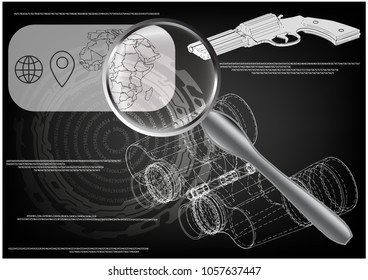 Binoculars on a black background, drawing. 3d