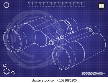 Binoculars on a blue background, drawing. 3d