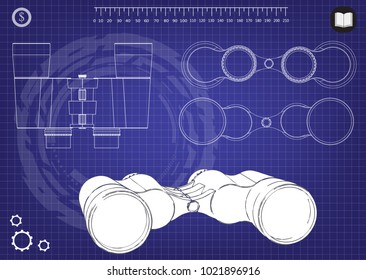Binoculars on a blue background, drawing. 3d