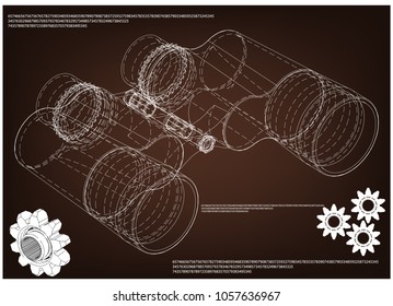 Binoculars on a brown background, drawing. 3d