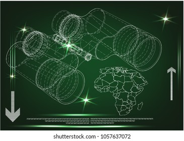 Binoculars on a green background, drawing. 3d