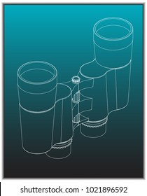 Binoculars on a turquoise background, drawing. 3d