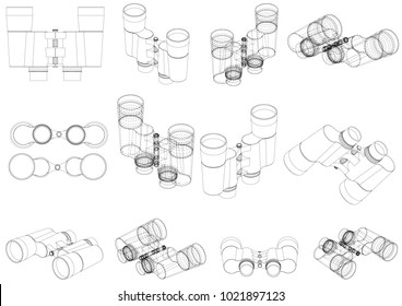 Binoculars on a white background, drawing. 3d