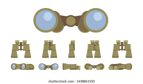 Binoculars optical instrument set. Glass lenses for viewing distant objects, to make a prognosis, research future. Vector flat style cartoon illustration isolated on white background, different views