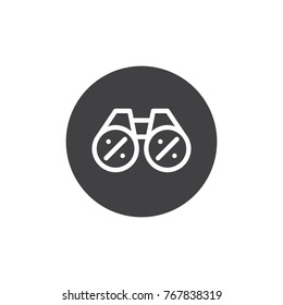 Binoculars with percent icon vector, filled flat sign, solid pictogram isolated on white. Search for discount shopping symbol, logo illustration.
