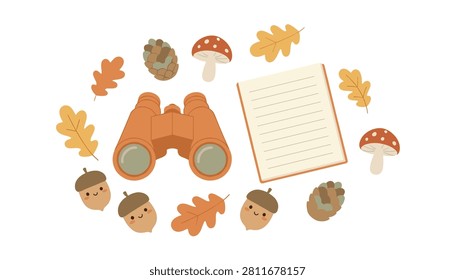 Binoculars placed next to a notepad surrounded by acorns, autumn leaves, mushrooms, and pinecones for nature documentation.