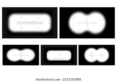 Binoculars POV frame overlay set. Binoculars aim sight, blurred border vector illustration