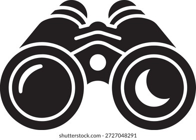 Binóculos para o conceito de avistamento da Lua no Ramadã. Ícone religioso islâmico de binóculos com símbolo de lua crescente dentro da lente. Silhueta vetorial isolada sobre fundo branco.