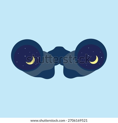 Binoculars reflecting night sky in flat illustration style. Stargazing concept. Vector illustration design. Modern flat style with simple shapes and celestial elements.