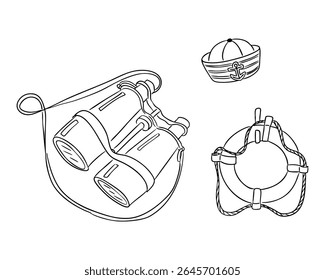 Binoculars, sailor hat and lifebuoy drawn in simple black lines on white background. Concept of nautical adventure, marine exploration and sea travel tools