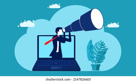Binoculars search through the computer. Web Analytics Concepts and Business Research