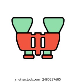 Binoculars set icon. Red and green binoculars, black outline, vision, observation, exploration, travel, adventure, wildlife, scouting.
