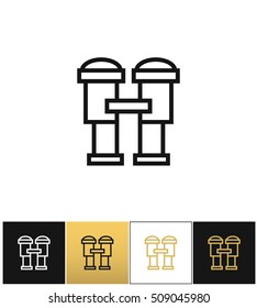 Binoculars sign or find looking and watch vector icon. Binoculars sign or find looking and watch pictograph on black, white and gold background