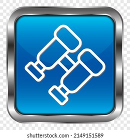 Binoculars simple icon. Flat design. Metal, blue square button. Transparent grid.ai