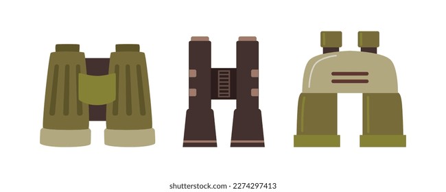 Binoculares para soldados, equipo militar e instrumentos ópticos. Instrumento de zoom óptico con lente para ver objetos distantes. Dibujo plano, ilustración vectorial