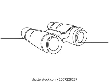 Prismáticos o un telescopio ilustrado en un dibujo de línea continua. Diseño minimalista con un solo contorno, dibujado a mano y aislado para uso en Vector.