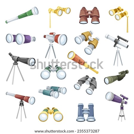 Binoculars and Telescope as Optical Instrument for Viewing Distant Objects Vector Set