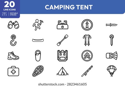 Binoculars, tent, backpack, hiking boots, canoe, knife, lantern, sleeping bag, compass, aid kit, fire pit, hiking poles, water bottle, campfire, flashlight, and and parachute for wilderness and outdoor adventure applications.