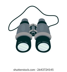 Binoculars for tourism. Hand-held optical instrument consisting of two connected tubes for viewing distant objects with both eyes. Vector design isolated on white. Cartoon illustration.