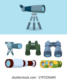Binoculars. Travel telescope reflection optical tools for outdoor exploration vector flat style illustrations