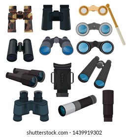 Binoculars vector optical equipment spyglass optics look-see looking far view illustration set of binocular spy search zoom instrument isolated on white background