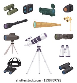 Binoculars vector optical equipment spyglass optics telescope look-see looking far view illustration set of telescopic binocular spy search zoom instrument isolated on white background.